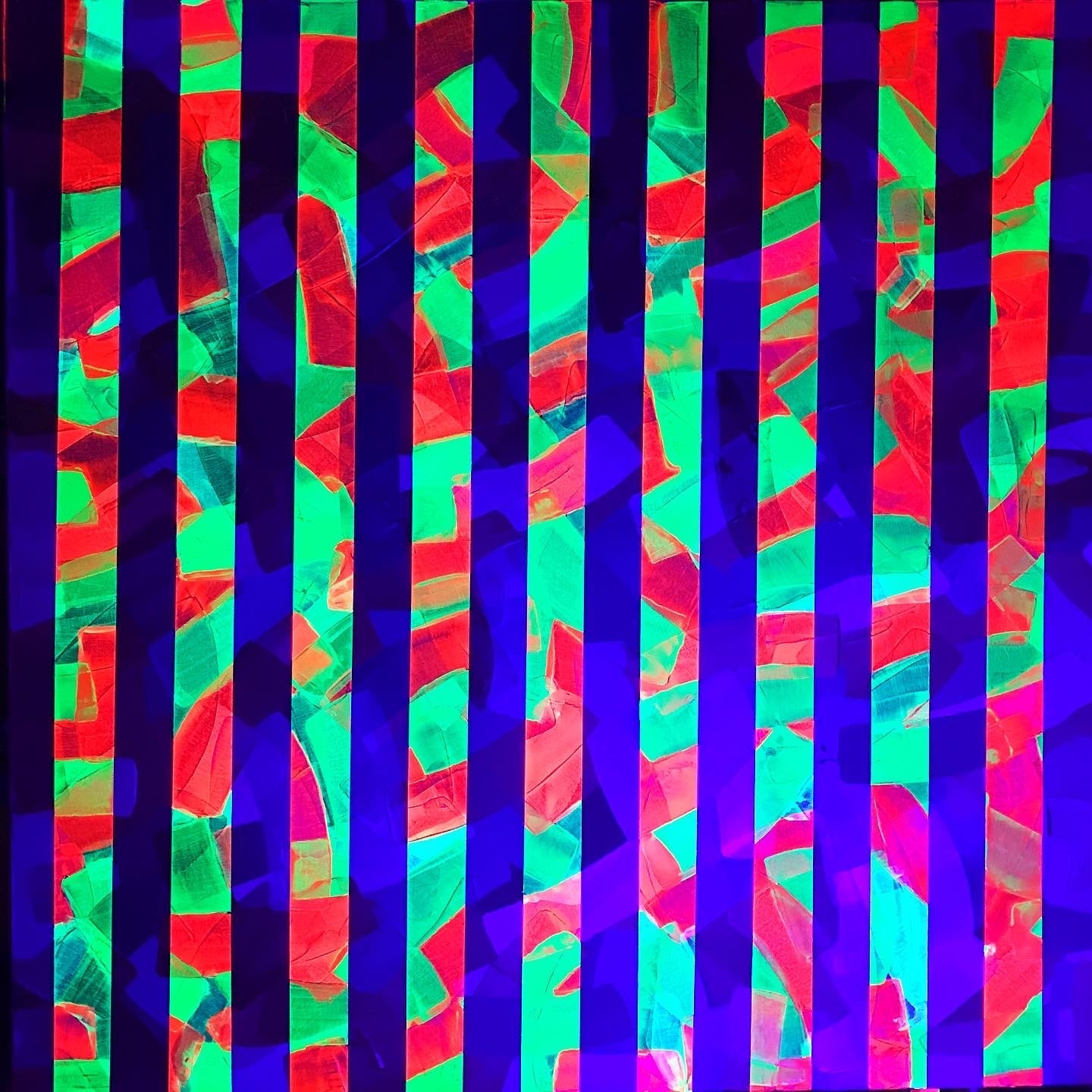 Metallic and fluorescent acrylics painting with colorful stripes, under UV light